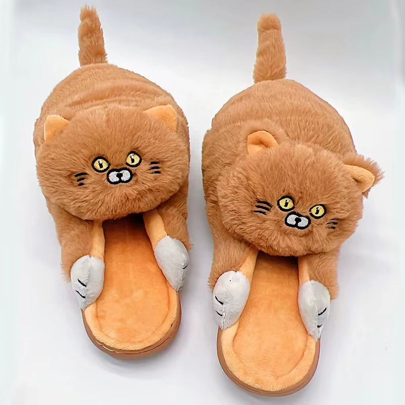 Cuddly Hug Cat Slippers Women Men Winter Home Slides Kawaii Floor Shoes Furry Slippers Girl White Mules Funny Cute Gift Slippers